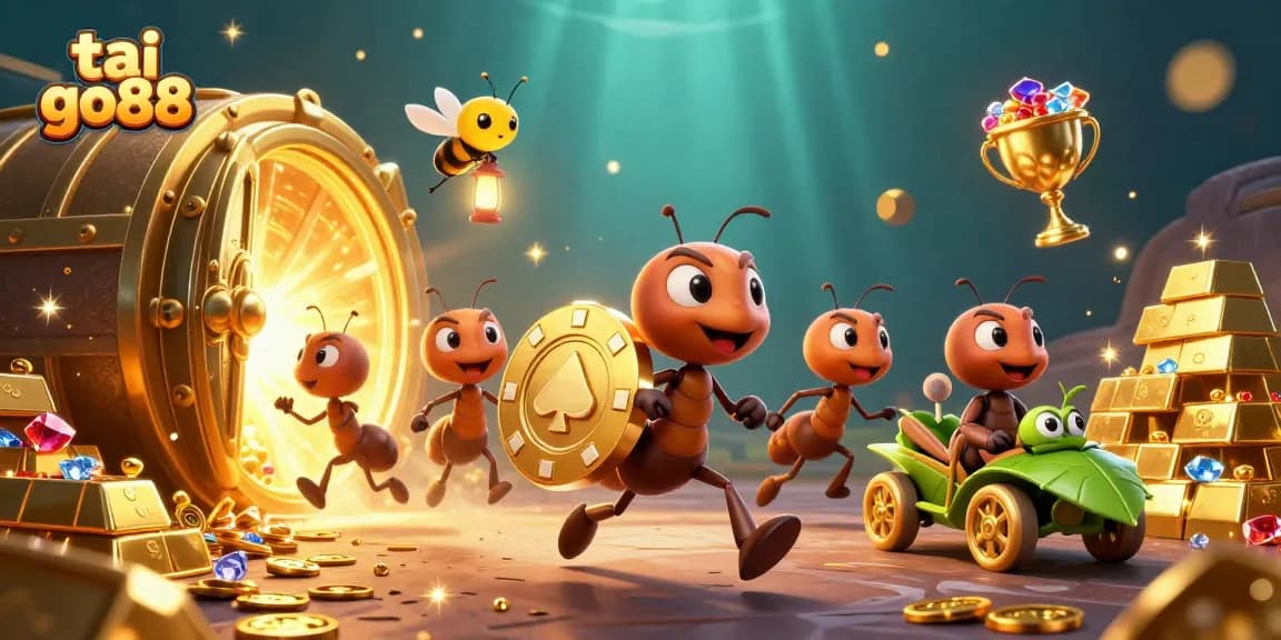 Join the thrilling adventure of tai go88 with a heist scene featuring ants, treasures, and vibrant casino elements.