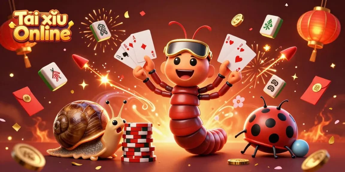 Experience thrilling Tài xỉu Online with a vibrant 3D illustration featuring unique casino characters and decorations.