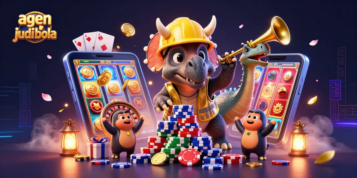 Engage in thrilling action with agen judi bola as a triceratops shapes poker chips amidst fun gaming elements.