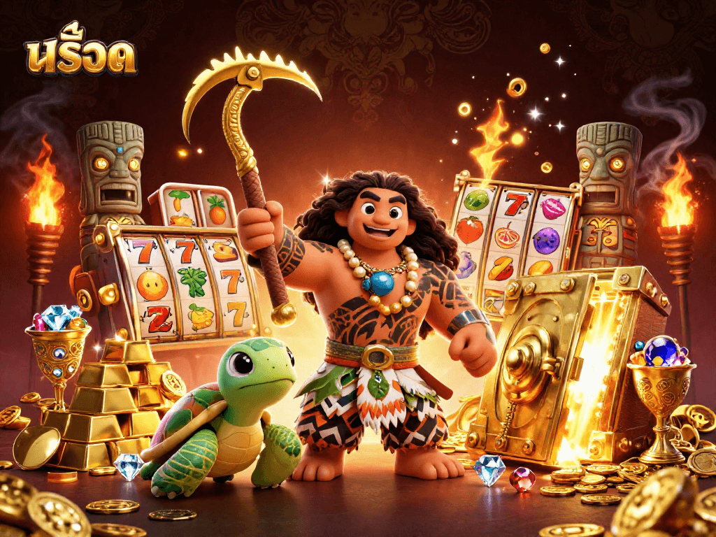 Experience thrilling สล็อต action with a vibrant scene featuring a demigod and treasure elements, emphasizing gaming excitement.