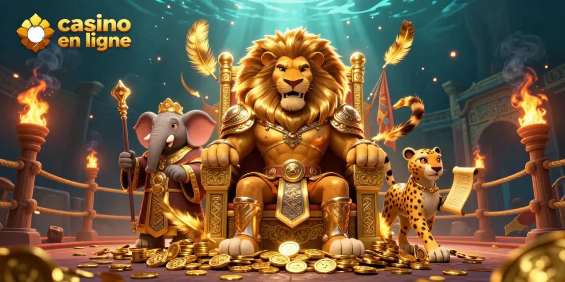 Engagez-vous au casino en ligne avec des jeux palpitants présentés dans une scène riche et vibrante mettant en avant des personnages royaux.