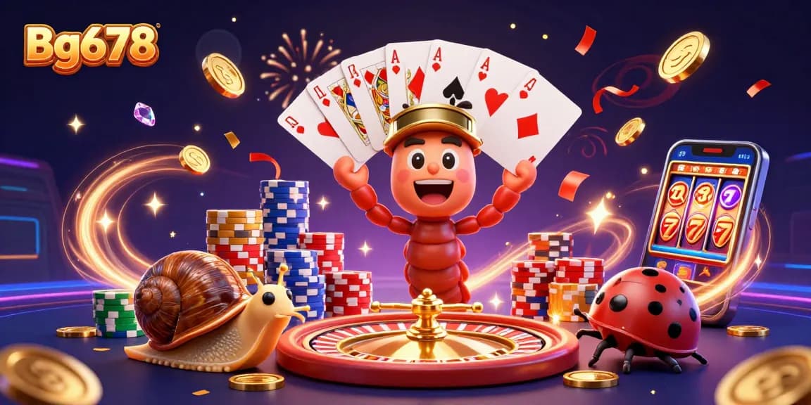 Engage with Bg678's vibrant casino world, featuring animated characters, massive chip stacks, and dynamic game elements.