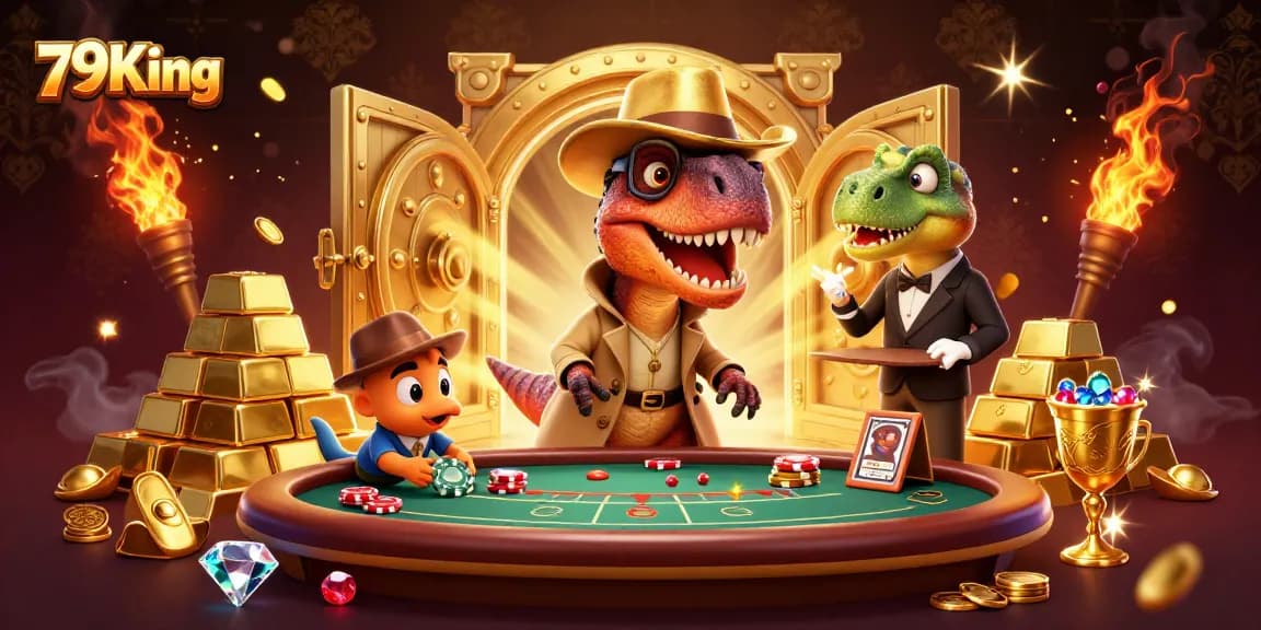 79King gambling scene featuring cartoon dinosaurs amidst gold bars and vibrant casino elements.