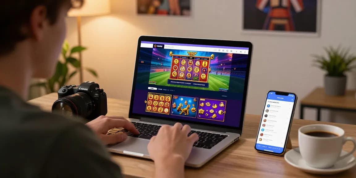 A user exploring the raja 328 daftar gaming platform, engaging with vibrant betting options and notifications in a cozy home office.