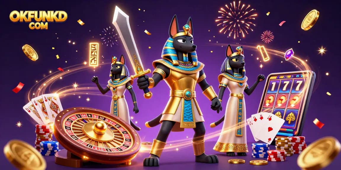 Experience thrilling games at OKFUNKD COM featuring Anubis and Bastet amidst dynamic casino action.