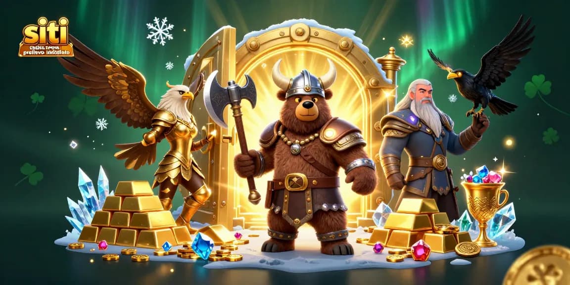 Casinò online con prelievo immediato: Viking e Valkiria circondati da tesori e gemme preziose.