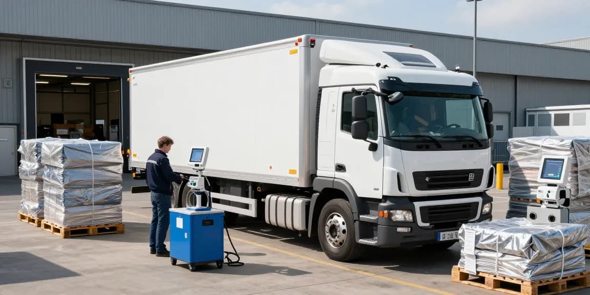Kühltransporte in Dortmund mit modernen Lkw und Überwachung der Temperaturführung in einer Logistikhalle.