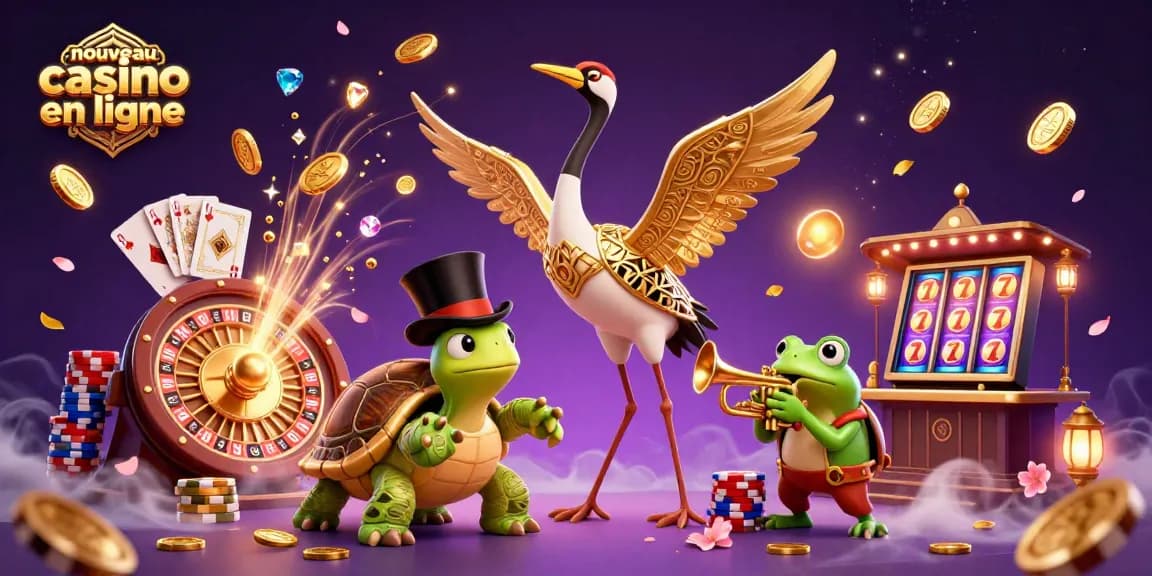 Visualisez le nouveau casino en ligne avec une illustration dynamique de personnages animés et d'éléments de jeu scintillants.