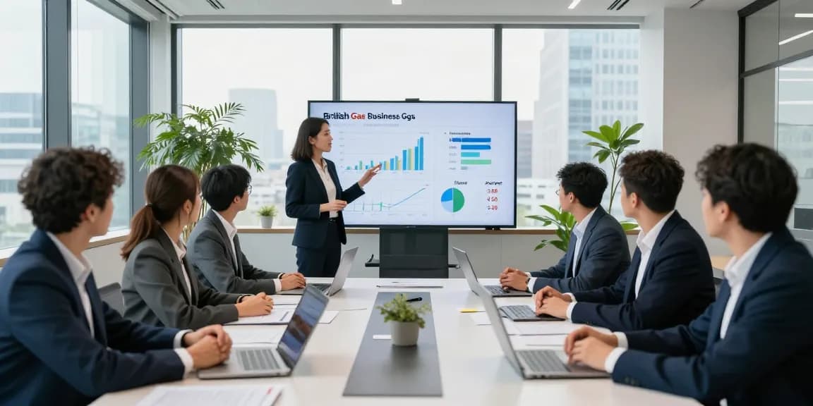 Professionals analyzing British Gas business gas pricing in a modern corporate office setting during a strategy meeting.