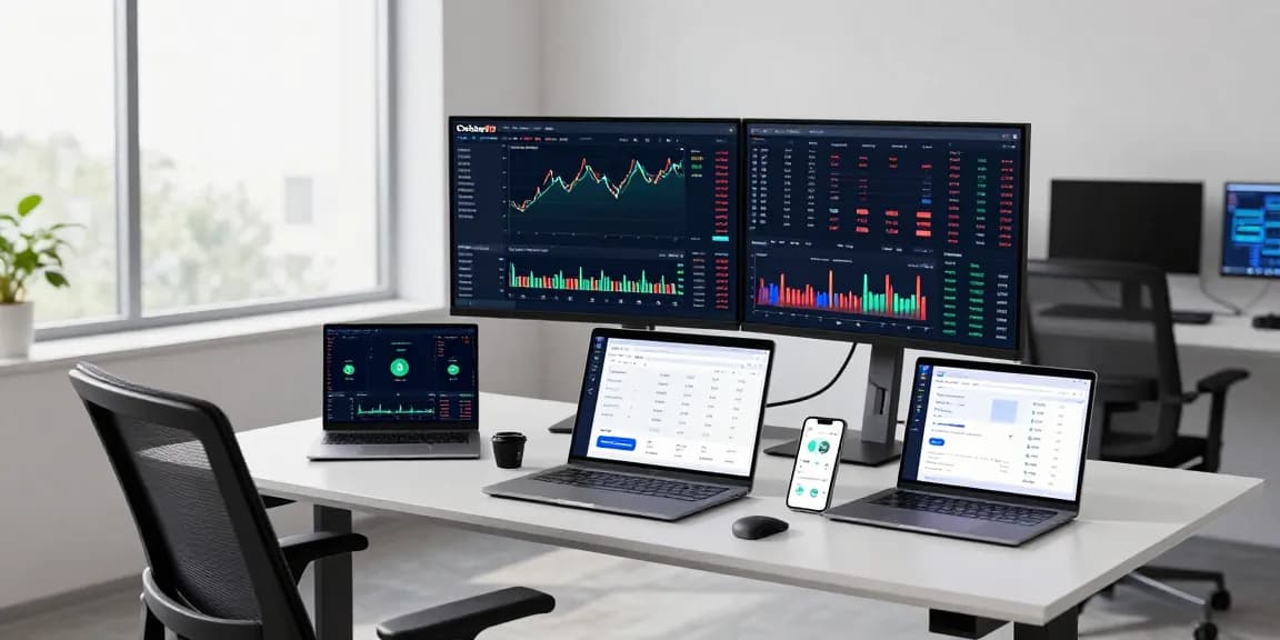 Cricbet99 cryptocurrency trading dashboard on a modern desk with analysis tools showcasing secure blockchain investment.