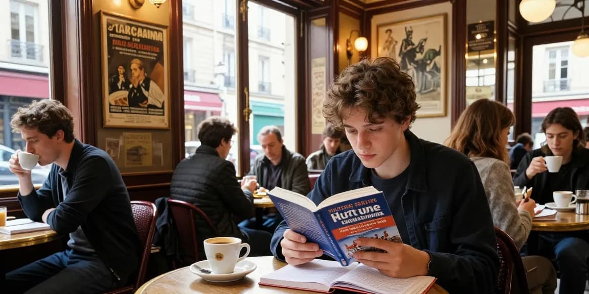 Cours de français en France - Étudiant apprenant dans un café parisien vibrant.