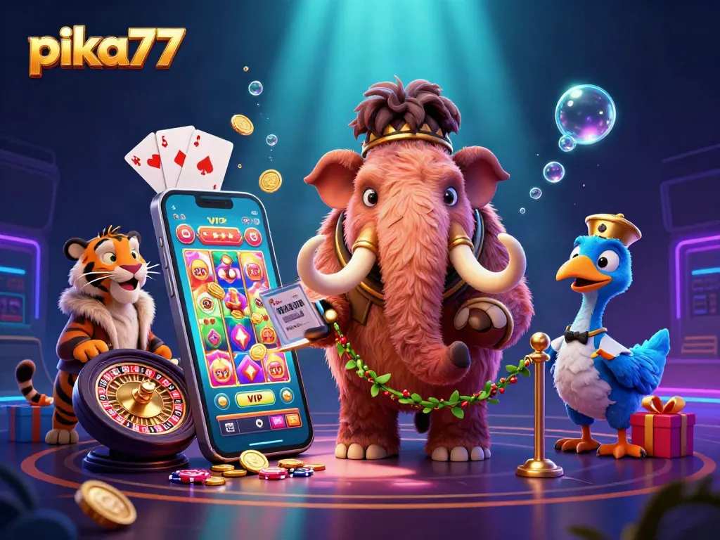 Pika77 provides thrilling slot action with mammoths and tigers in a vibrant casino scene
