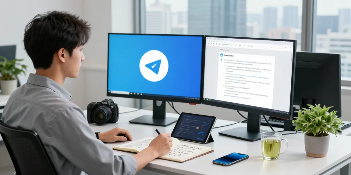 Youthful professional engages with telegram Chinese FAQ on dual screens, highlighting modern tech workspace.
