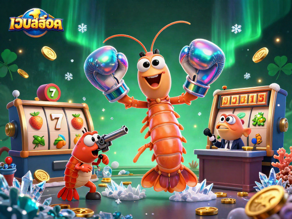 Play เว็บสล็อต with vibrant characters and lively casino elements in a playful 3D illustration.