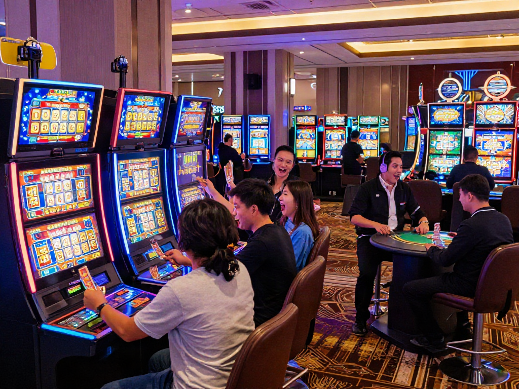 Exciting gambling floor with players enjoying bandar slot machines and vibrant lighting.