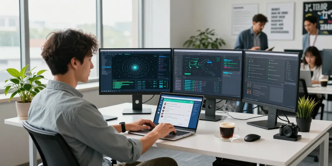 快连 user optimizing network settings in modern workspace with multiple monitors and collaborative atmosphere.