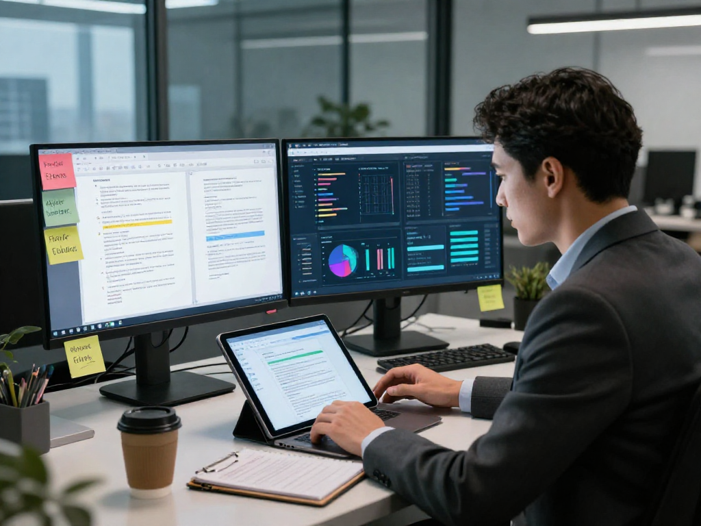 Analyzing document fraud detection with advanced software tools in a modern workspace.