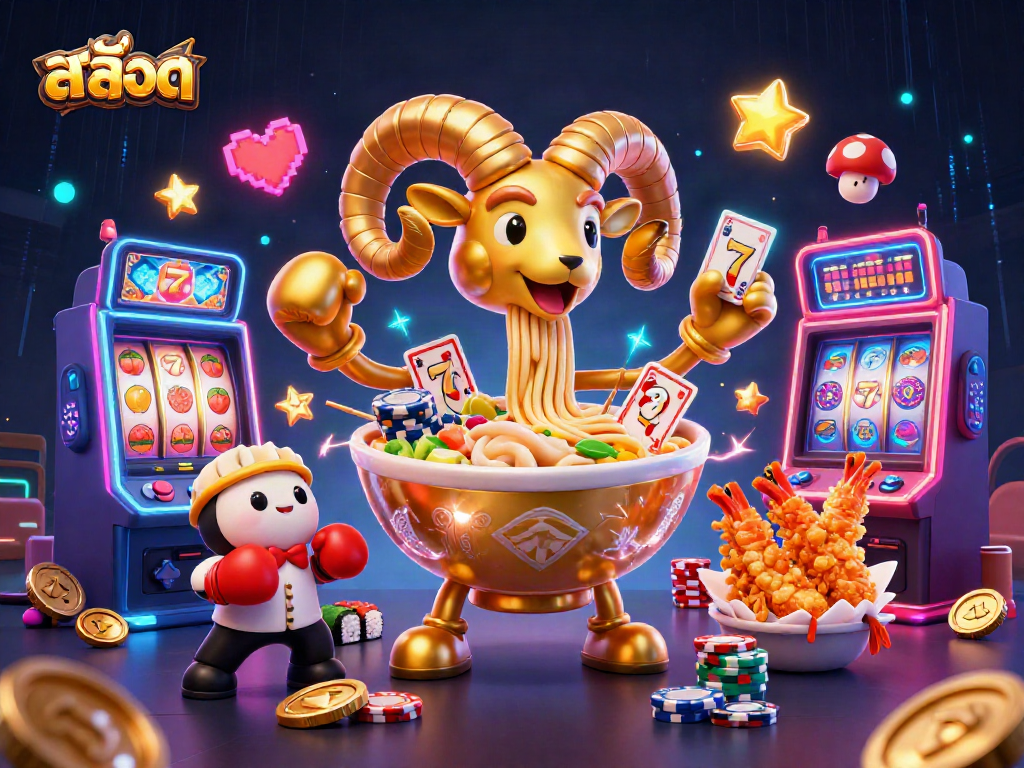 Play สล็อต with an engaging 3D cartoon scene featuring a golden ramen bowl dealer and dynamic game elements.