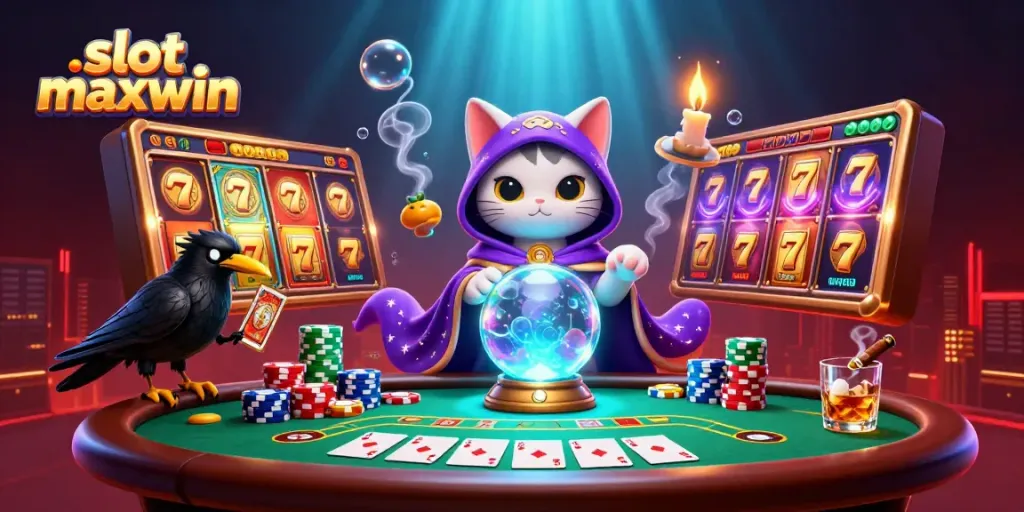 Melihat slot maxwin berputar dengan karakter kucing peramal dan burung gagak dalam suasana kasino mistis.