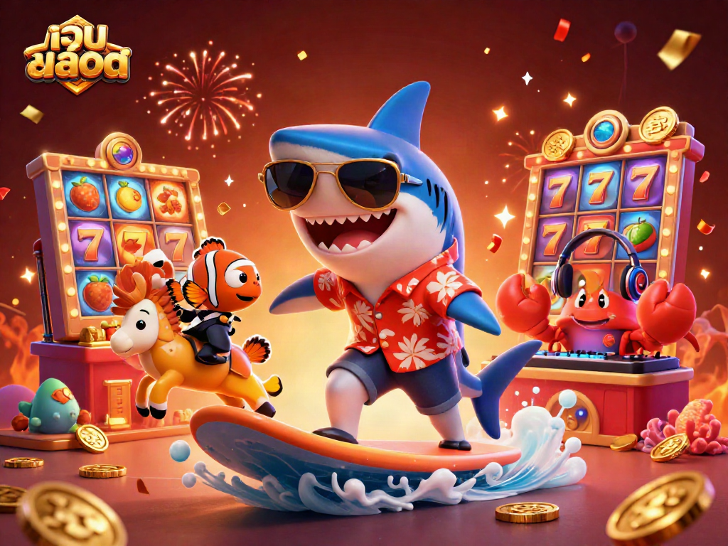 Experience excitement with เว็บสล็อต featuring cartoon characters celebrating on a wave of gold coins.
