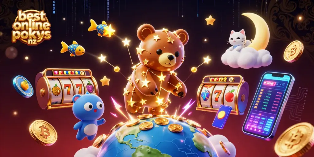 Play the best online pokies nz with vibrant slot reels and cosmic characters under a starlit sky.