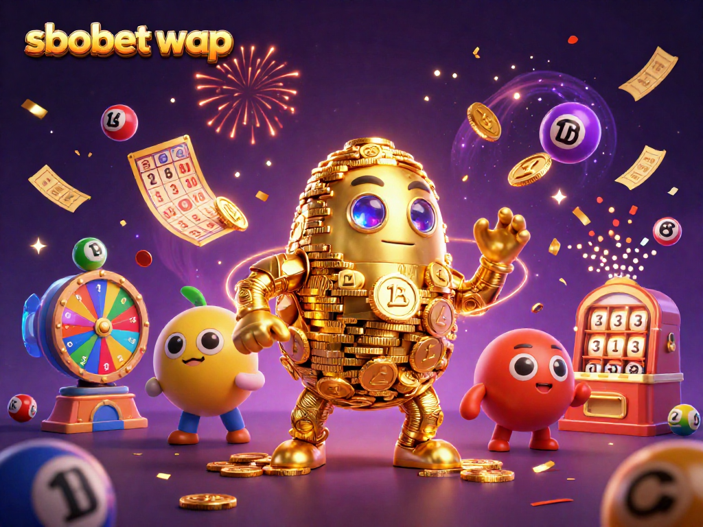 Engage with sbobet wap, featuring a golden golem, colorful lottery balls, and dazzling casino elements.