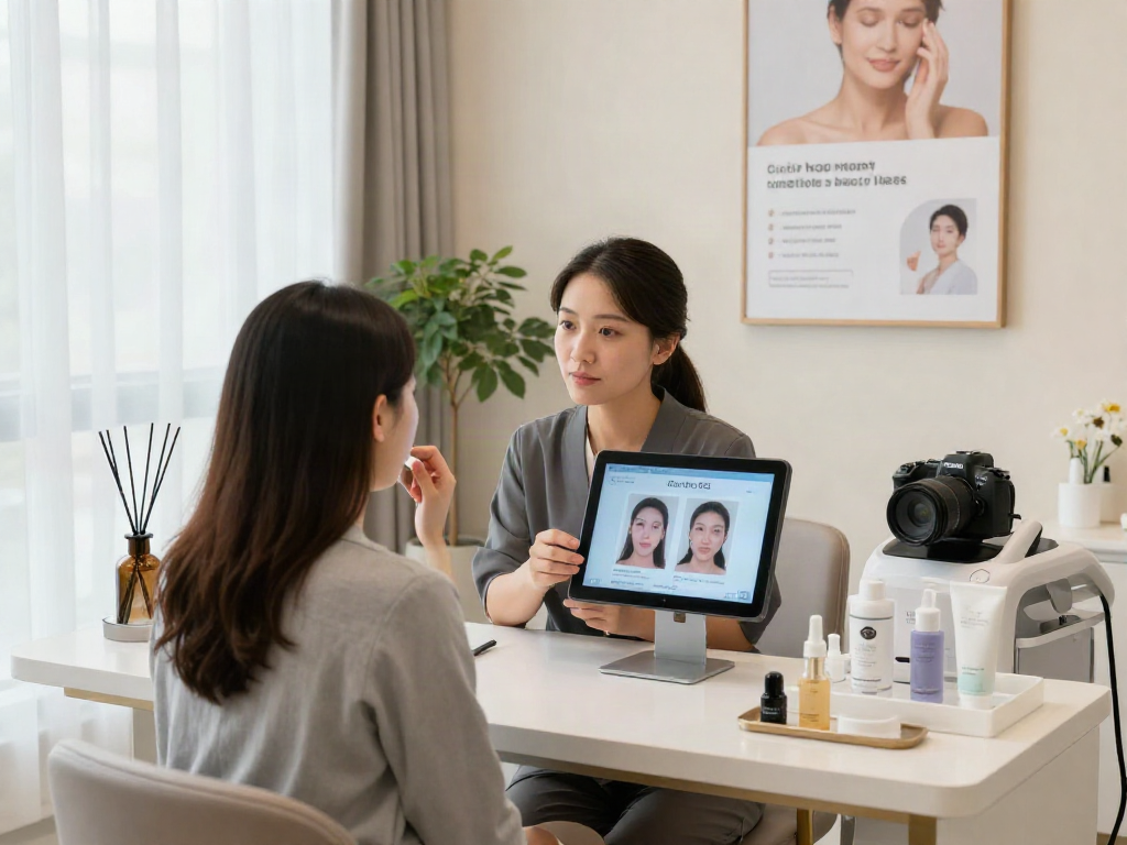 Comparison of ClinicEvo vs QOVES in a modern aesthetic consultation room focusing on facial analysis.