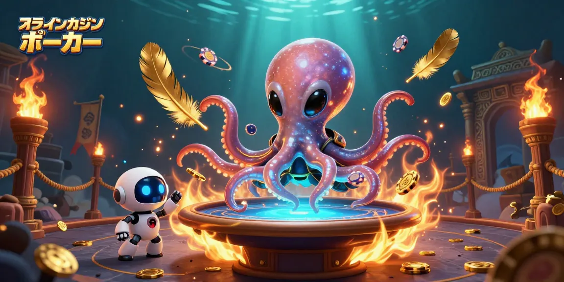 スリリングなオンラインカジノ ポーカーのバトルを描いたイラスト、宇宙のタコとロボットがカードを操るシーン。