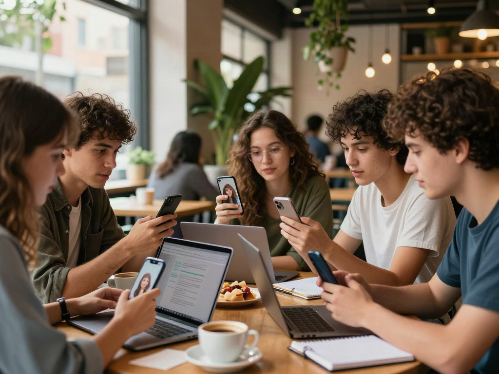 Engaged friends discussing the test of attractiveness in a modern café.
