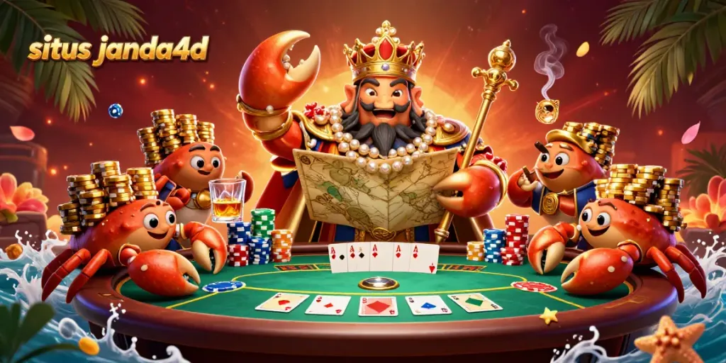 Permainan judi situs janda4d dengan karakter kepiting emas, sisa krustasea, dan meja poker penuh chip