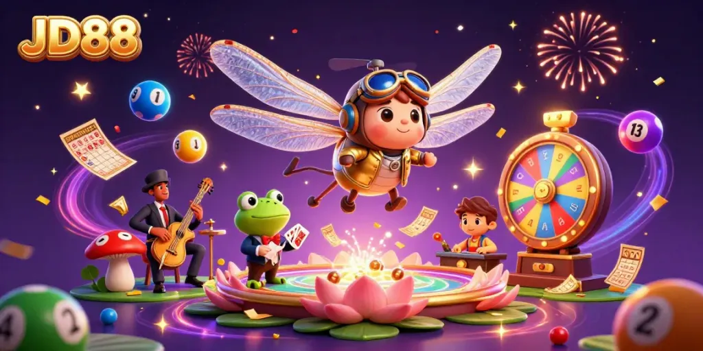 Engage in thrilling JD88 casino adventures with an artistic scene of a dragonfly pilot and frog croupier.