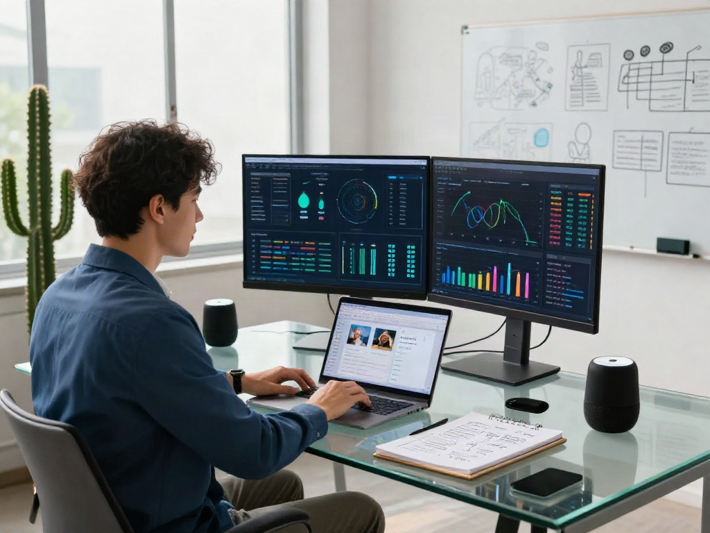 Analyst using an AI Image Detector tool in a modern tech workspace with data visualizations.