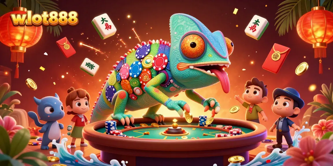 Menggambarkan pengalaman bermain wslot888 dengan kasino online menarik dan karakter chameleon yang unik.
