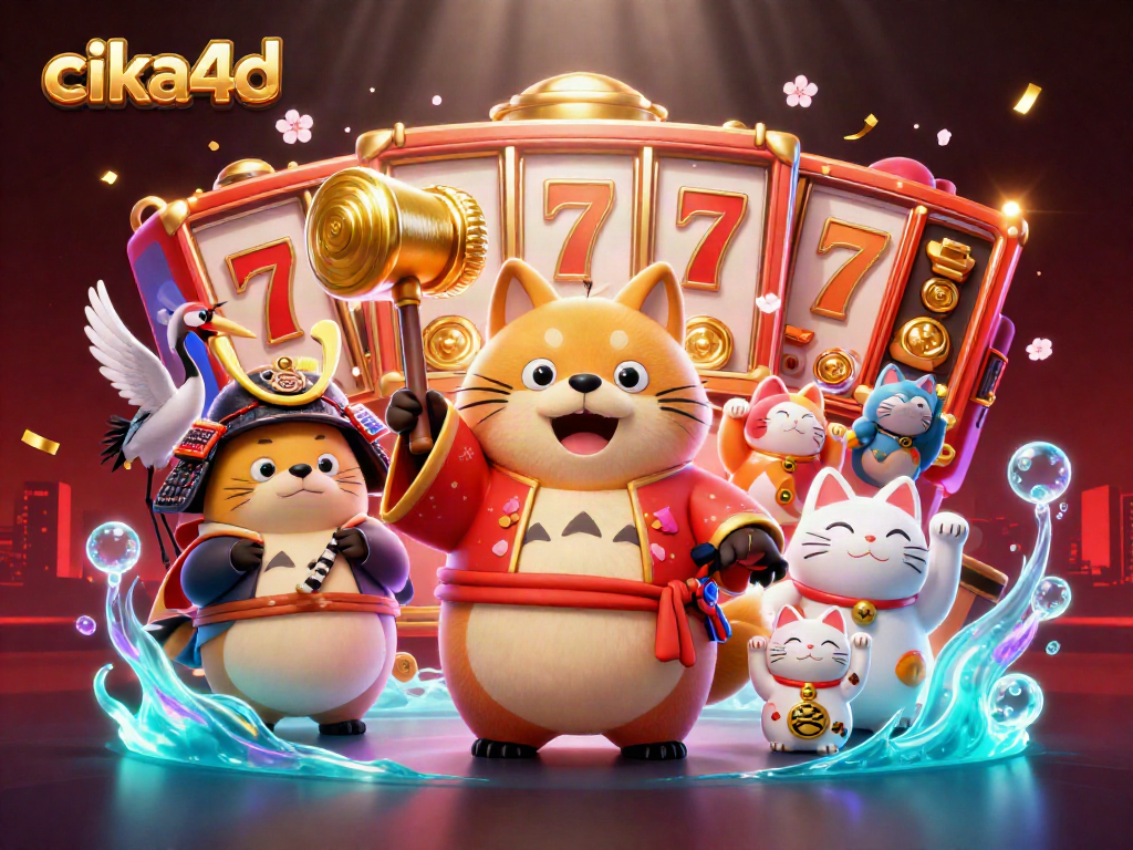 Engage with cika4d's vibrant slot scene featuring a joyful tanuki among lucky symbols.
