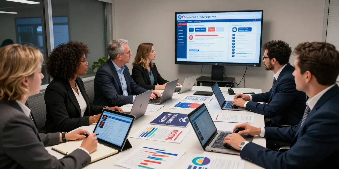 Political reputation management team collaborating in a modern office space analyzing data and strategies for successful campaigns.