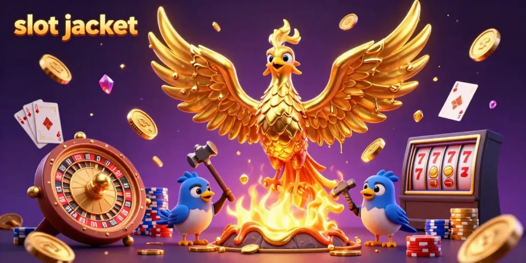 Experience the thrill of slot jackpots with a phoenix of molten gold and dynamic casino symbols.