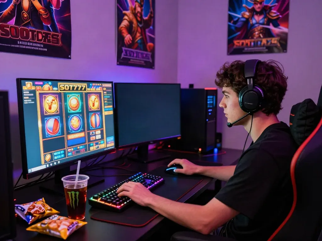 Gamer fokus bermain slot777 di setup gaming modern dengan grafis cerah.