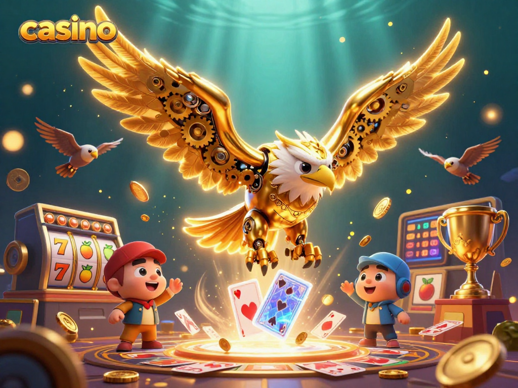 Experience thrilling casino action with a cybernetic eagle diving through slot machines.