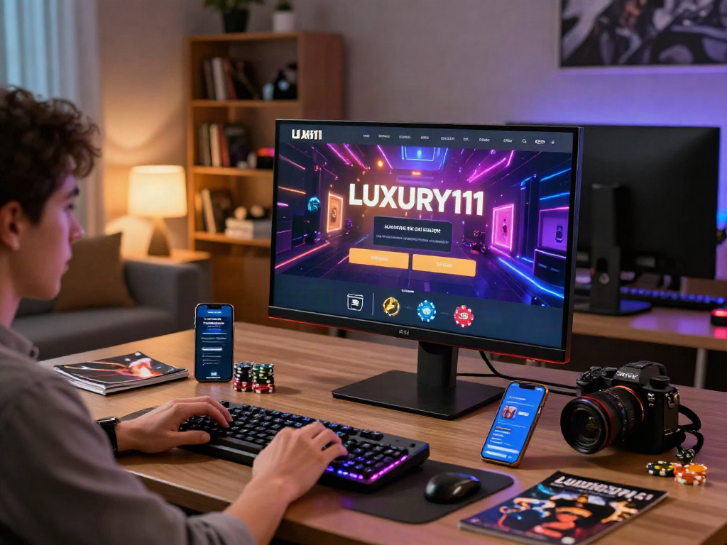 Pengguna melakukan LUXURY111 Login di meja kerja modern dengan setup gaming mewah, penuh warna dan gaya.