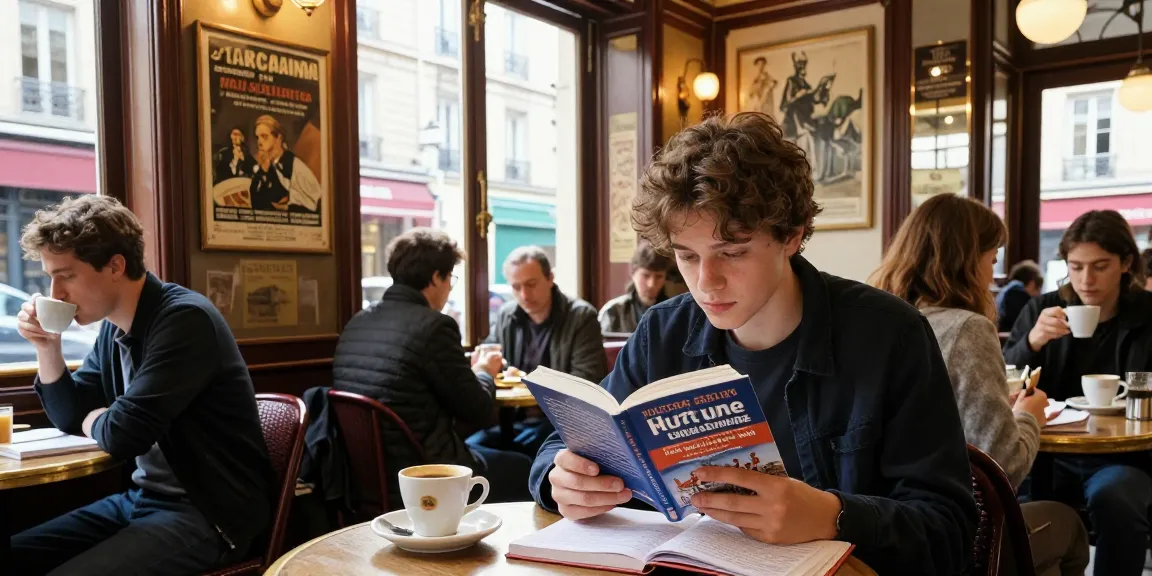 Cours de français en France - Étudiant apprenant dans un café parisien vibrant.
