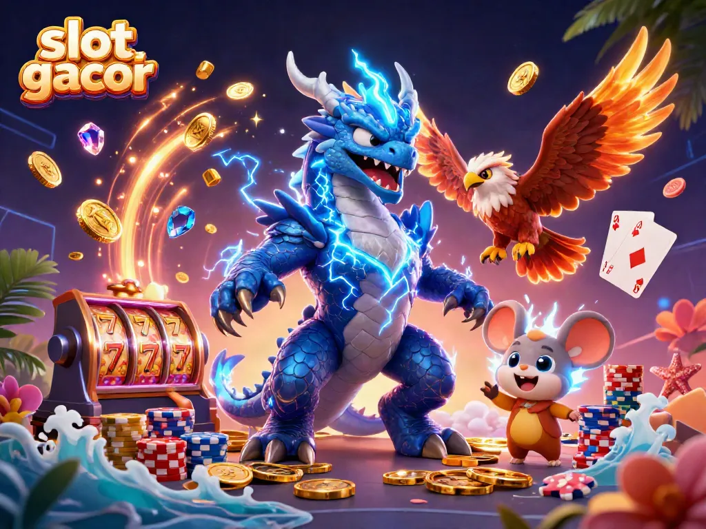 Experience the thrill of slot gacor with 3D illustrations of vibrant characters, coins, and slot machine reels.