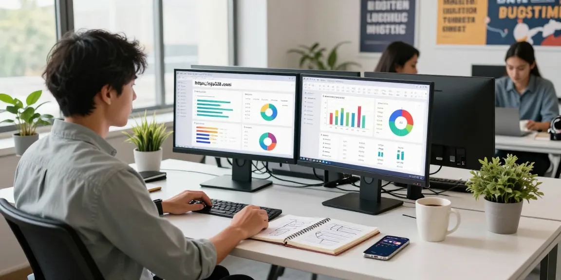 Digital marketing workspace at https://raja328.com/ showing analytics and strategies in a bright office