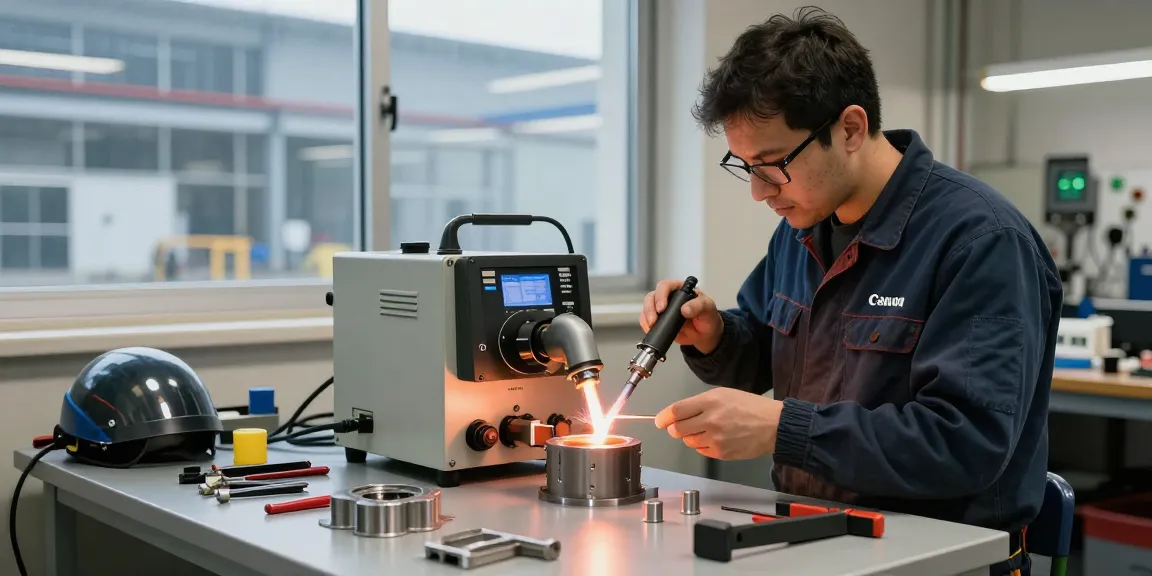Technician using an induction heater for precision metal heating in a professional industrial workshop.