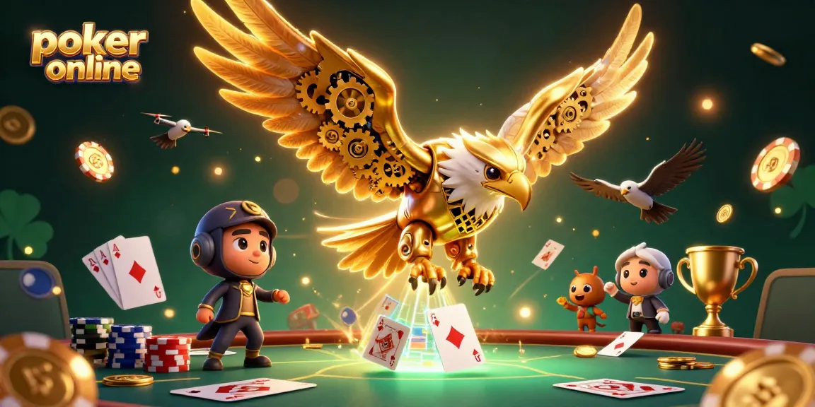 Jouez au poker en ligne avec un aigle cybernétique, des cartes holographiques et des jetons scintillants.