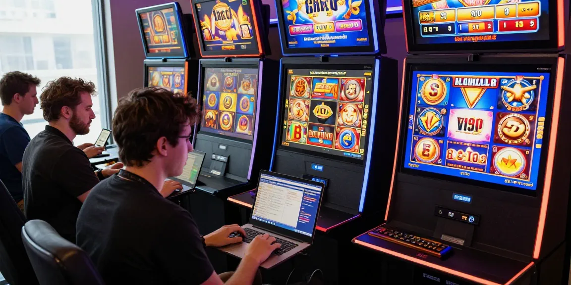 Interactive scene of players enjoying agen gacor slot games online with laptops and smartphones.