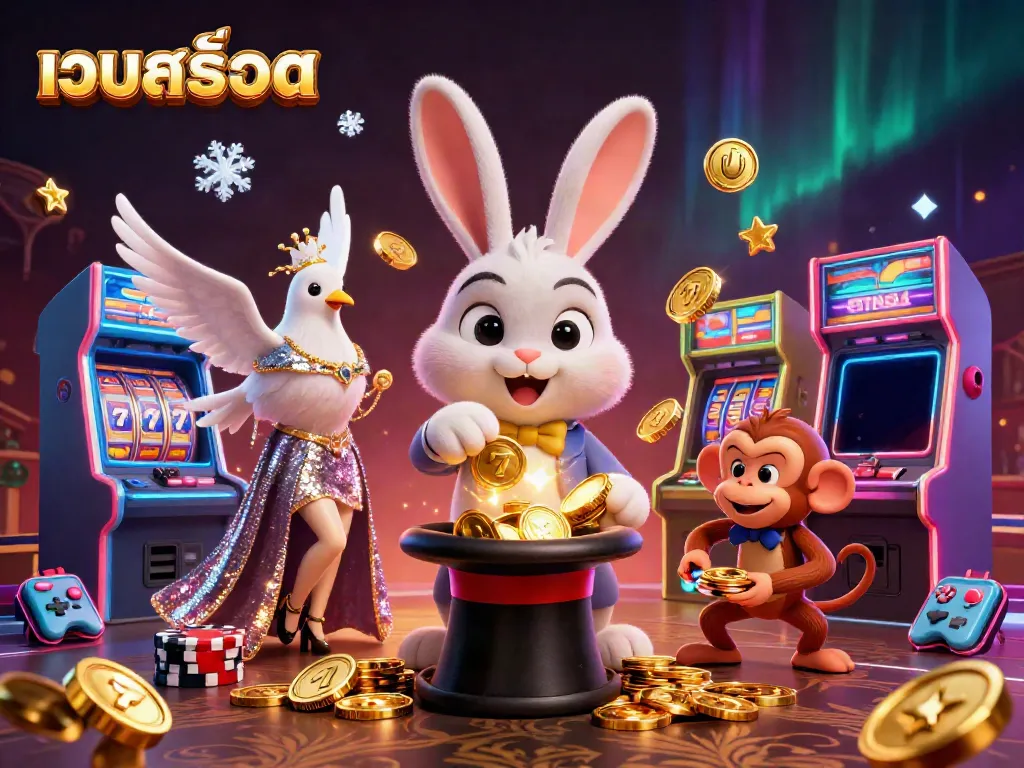 Experience the thrill at เว็บสล็อต with vibrant 3D games featuring a magician rabbit and classic slot elements.