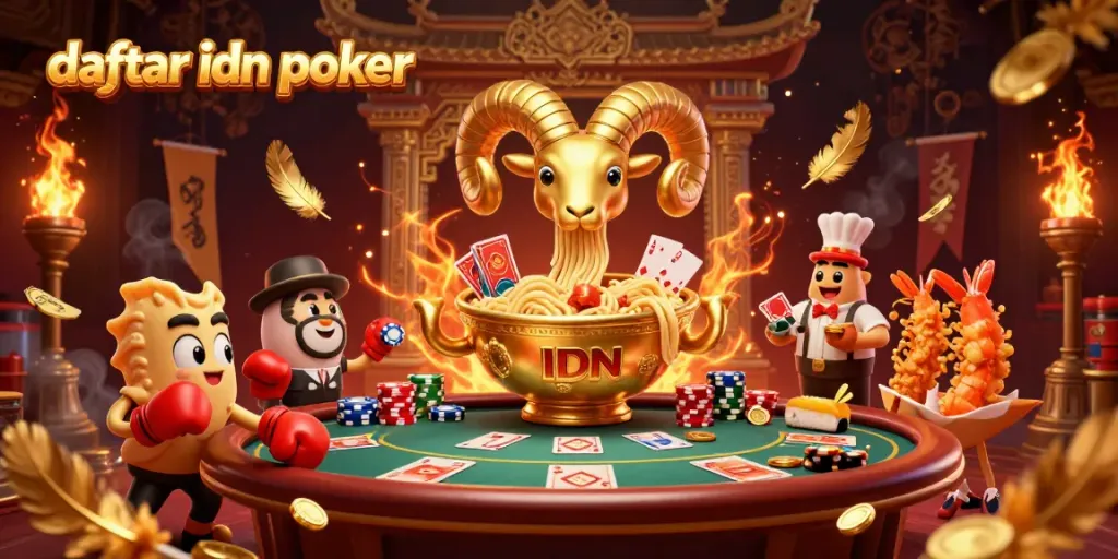 Engage in action at daftar idn poker with lively characters in a competitive poker scene, surrounded by vibrant elements.
