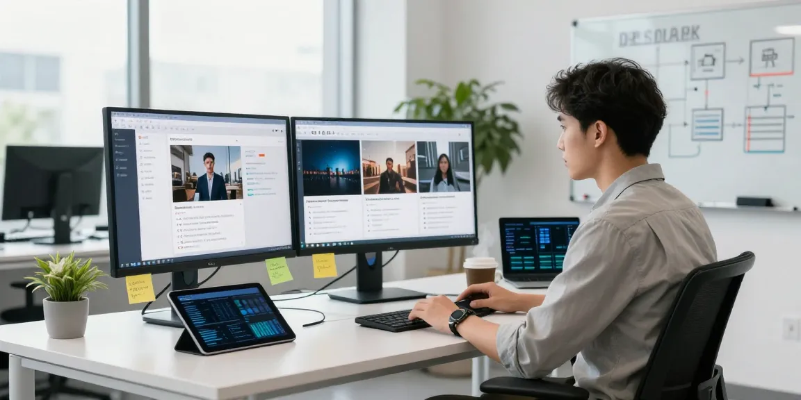 Advanced ai image detector workspace with screens analyzing flagged content and a data analyst reviewing AI models.