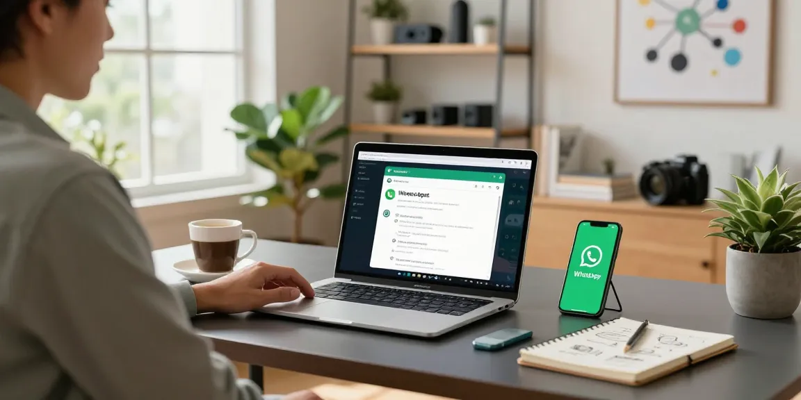 Engaging workspace featuring WhatsApp網頁版 on laptop and smartphone.