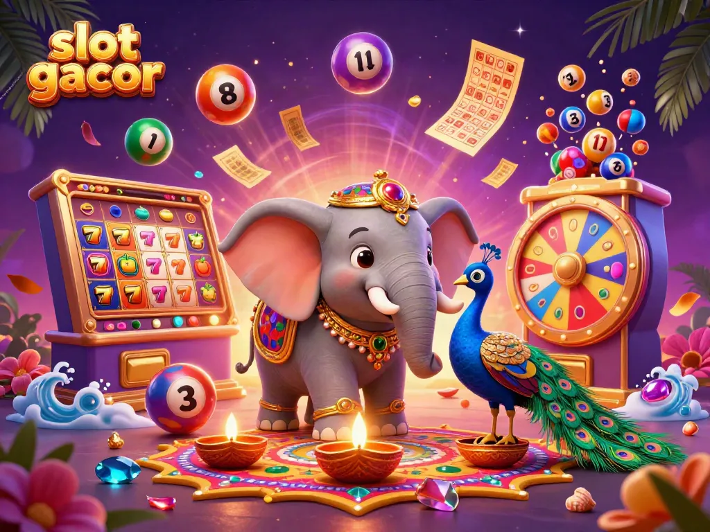 Engage with slot gacor through dynamic 3D casino elements and vibrant characters in a colorful scene.